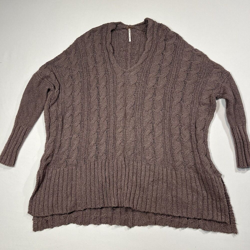 Free People Easy Cable V-Neck Sweater Size S Soft Mauve Knit Cotton Oversized